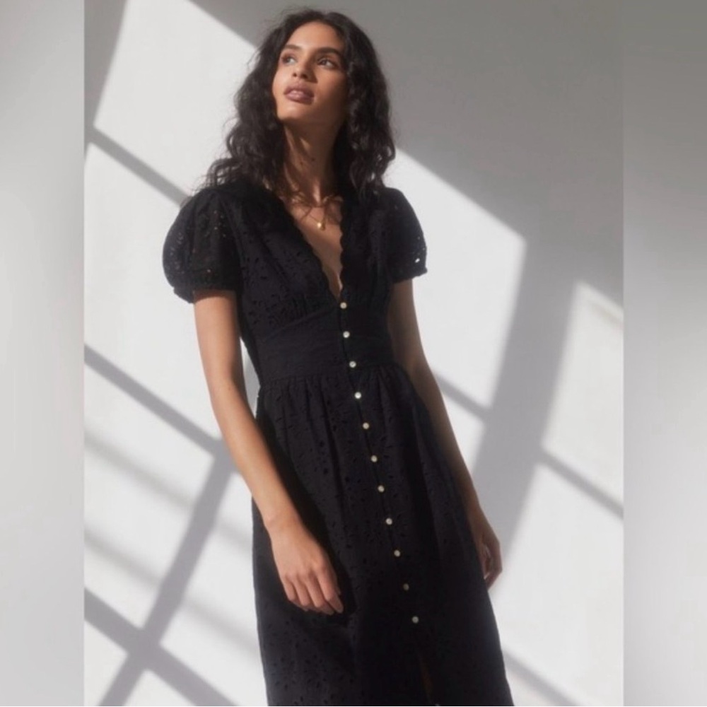 Atitzia Wilfred Jubilee Black Puff Sleeve Eyelet Button Down Midi Dress (Size 4) - Picture 3 of 7